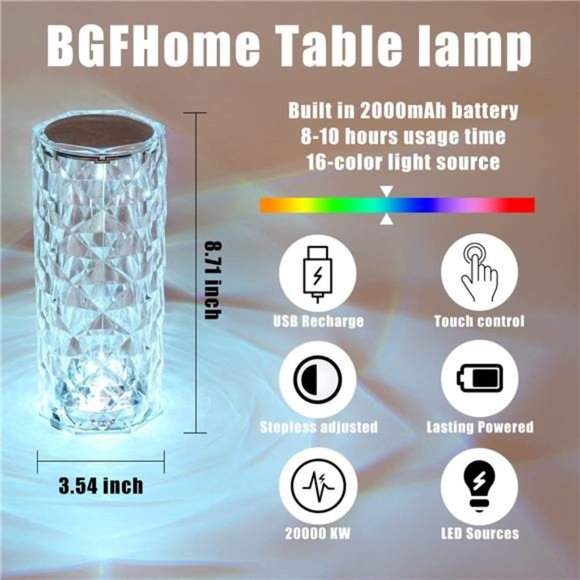 Crystal Table Lamp RGB Color Changing Night Lights(2Pack) Remote & Touch Control - Picture 3 of 6